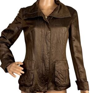 Lafayette 148 Brown Leather Look Full Zip Jacket Satin Feel Lined SZ 0 Designer
